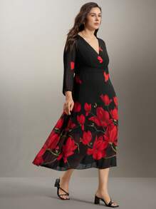 Flouryn 加大码优雅花卉印花长裙，春秋季长款女装 - 黑色 - 查看 4