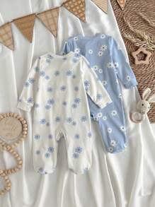 Loomiva 新生女婴两件套：花卉印花柔软针织圆领长袖连体衣和裤子