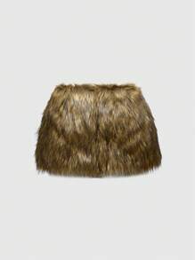 ROMWE Grunge Punk Y2K Baddie Faux Fur Cropped Mini Skirt, Super Low Waist - Brown - View 2