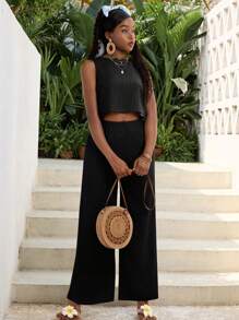 SHEIN Conjunto de 2 piezas para adolescentes formado por un chaleco sin mangas de unicolor tejido y pantalones anchos de pierna ancha de unicolor - Negro - Ver 5