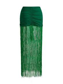 Anewsta Women's Summer Beach Solid Color Ruched Metal Shell Sexy Bikini Set With Cover-Up And Skirt - Green - View 13