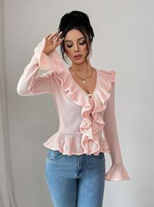 Chiquease Women's Ruffled Single Breasted Bell Sleeve Knitted Cardigan Fall Cloth For Women