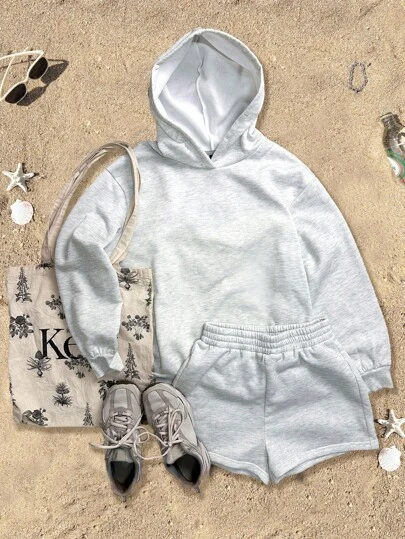 Attitoon Set de 2 piezas de pantalón corto y sudadera con capucha de estilo minimalista casual con estampado floral gris, adecuado para principios de otoño
