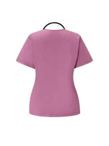 TaskEZ 纯色V领短袖口袋上衣和裤子制服套装 - 玫瑰紅 - 查看 5