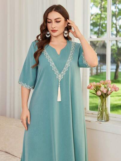 SHEIN Najma 大码女式中东刺绣流苏拼布长袍，土耳其阿拉伯长袍