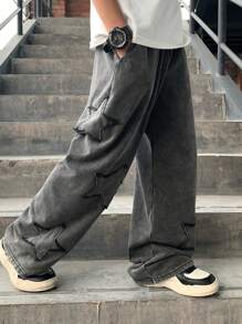 SHEIN Tween Boy 休闲街头风格星星图案刺绣保暖内衬直筒慢跑裤，适合通勤、上学、日常休闲、运动装，四季皆宜 - 黑色 - 查看 4