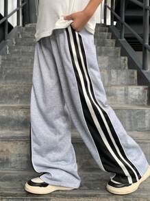 Tween Boys Casual Sports Side Stripes Wide Leg Pants, Suitable For School, Everyday Casual Wear And Sports Activities Fall Winter - Multicolor - View 4