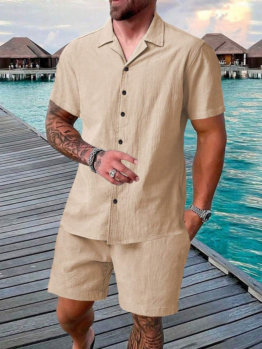 Manfinity RSRT 2件套男士夏季休闲纯色衬衫和短裤男两件套夏季男士度假短裤套装男士沙滩装套装男士两件套休闲短裤套装 - 杏色 - 查看 1