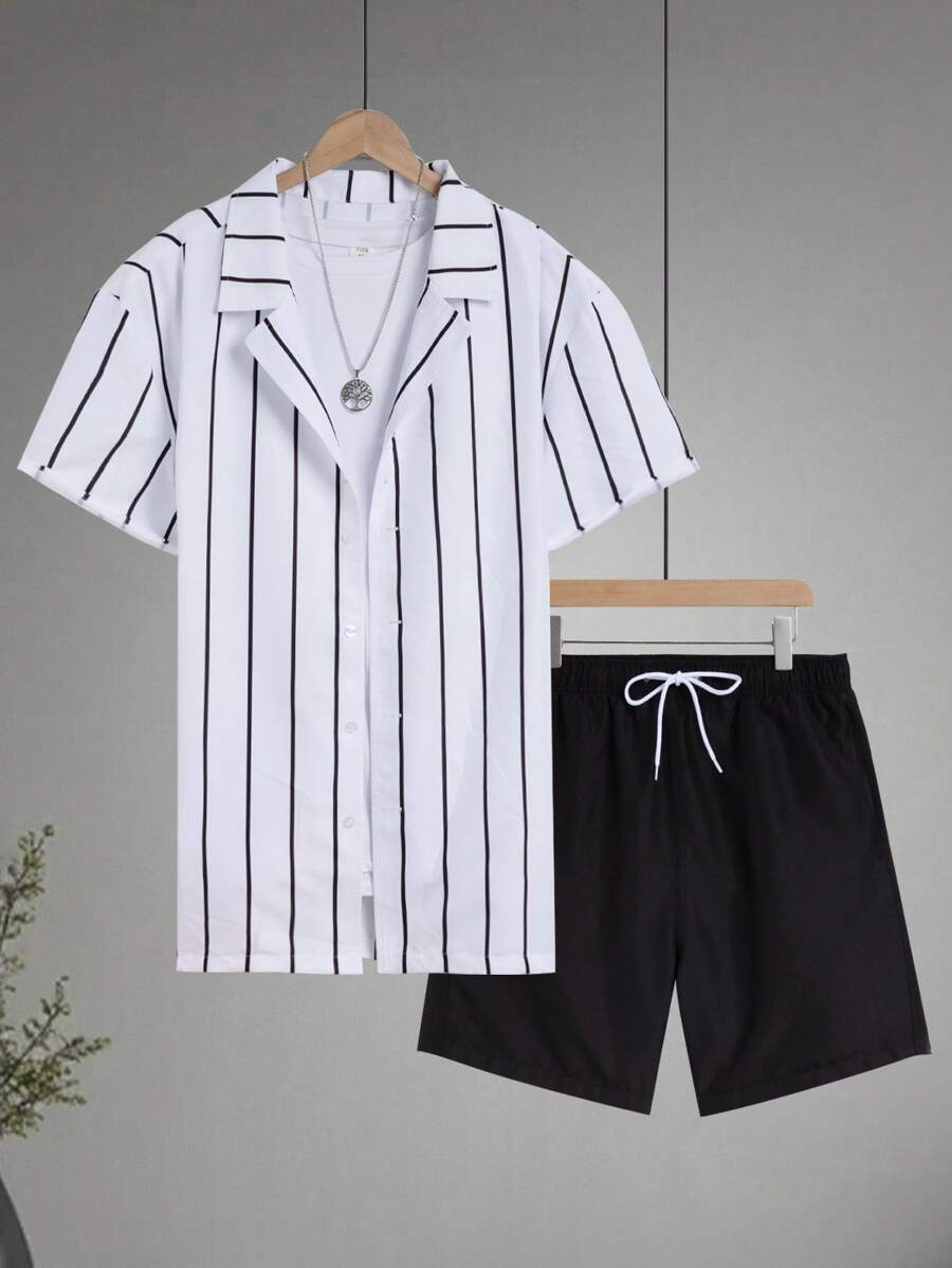 Surfspeed Plus Size Men's Casual Striped Shirt & Shorts Beach Outfit For Summer - Black and White - View 1
