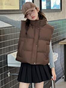 DAZY Áo khoác vest trơn màu thường ngày cho bé gái tuổi teen, áo vest phao - Cà phê nâu - Xem 7