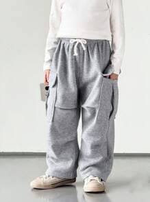 SHEIN Young Boy Casual Cute Everyday Relaxed Straight Open Pocket Sweatpants, Suitable For Trips, School, Gatherings, Autumn Winter, Back To School, Fall - Grey - View 6