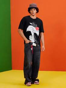 LOONEY TUNES X SHEIN Men's Summer Cartoon Pattern Round Neck Short Sleeve T-Shirt, Graphic Tee - Black - View 4