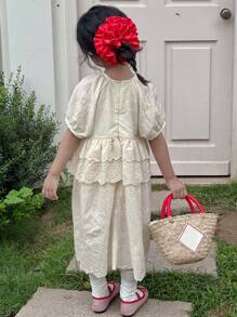 DAZY Young Girls Round Neck Short Sleeve Casual Dress, Young Girl Autumn Clothes - Apricot - View 2