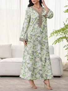 SHEIN Najma 女士花卉印花、钩针拼布、长袖连衣裙、端庄优雅的 A 字形卡夫坦和 Jalabiya 连衣裙，适合晚会/婚礼嘉宾/周年纪念/日常穿着 - 彩色 - 查看 4