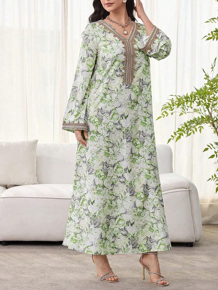SHEIN Najma 女士花卉印花、钩针拼布、长袖连衣裙、端庄优雅的 A 字形卡夫坦和 Jalabiya 连衣裙，适合晚会/婚礼嘉宾/周年纪念/日常穿着 - 彩色 - 查看 4