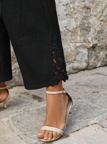 Breezaya Plus Size Casual Linen Patchwork Embroidery Floral Trim Long Pants