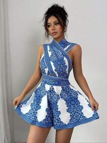 Elenzga Women's All-Over Print Halter Backless Criss-Cross Romper - Multicolor - View 4