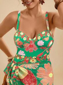 Travachic 大码假日休闲热带花卉印花细肩带泳衣 + 蝴蝶结腰带长款罩衫泳装 2 件套女式 - 綠色 - 查看 6