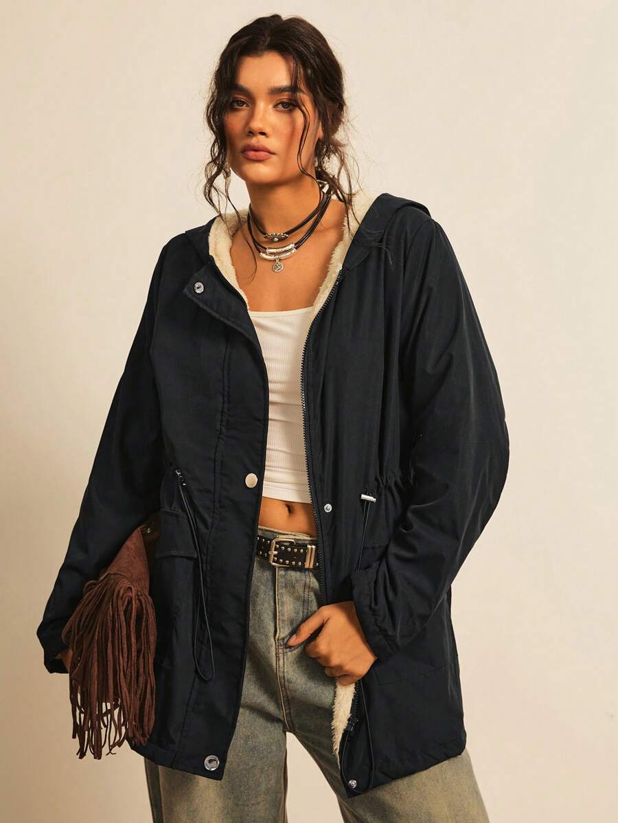 Freevana Plus Drawstring Waist Dual Pocket Teddy Lined Hooded Coat, For Winter Fall Autumn - Black - View 1