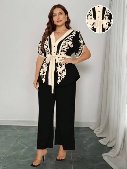 SHEIN Clasi Set de 2 piezas con top casual de cuello en V y lazo en la cintura y shorts, para verano