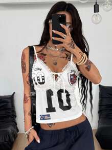 Coolane Women's Summer Rave Music Festival Game Day Sportswear Y2K Lace Number Pattern Breathable Mesh White Bra Crop Tops - White - View 1