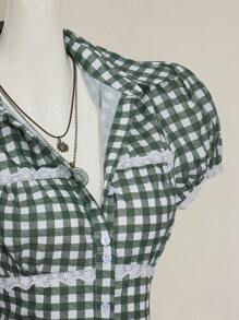 SHEIN ICON 女式泡泡袖格子纽扣休闲短袖格子印花衬衫 - 綠色 - 查看 7