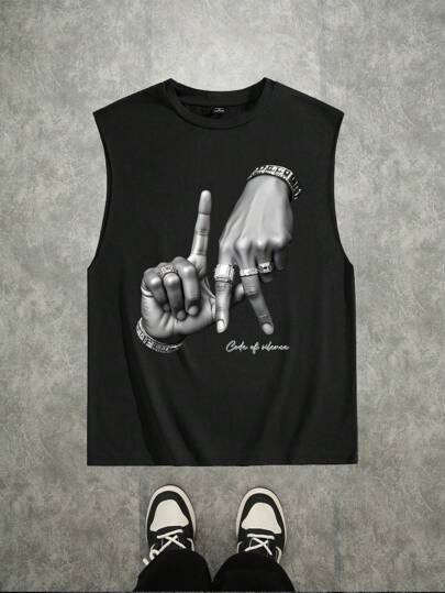 StoneGrade Camiseta de tirantes negra con estampado de gesto de mano y logotipo de LA, estilo callejero de moda, emo