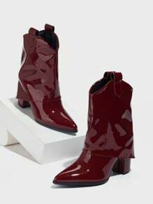 Daringsoles 女士经典踝靴，粗跟尖头套穿踝靴，皮革材质，休闲舒适优雅高跟鞋，酒红色，秋冬季圣诞节必备 - 酒紅色 - 查看 3