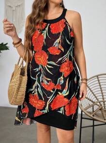EMERY ROSE Plus Size Women Casual Mid-Length Mesh Patchwork Print Halter Neck Dress, Suitable For Casual Outdoor Wear, Summer - Multicolor - View 3