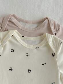 Loomiva 2pcs Baby Girl Multipack Long Sleeve Fruit Pattern Knit Soft Round Neck Short Sleeve Bodysuit Set - Multicolor - View 4