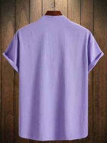 Manfinity Homme 男士简约纯色纹理休闲短袖衬衫，半季 - 紫色 - 查看 2