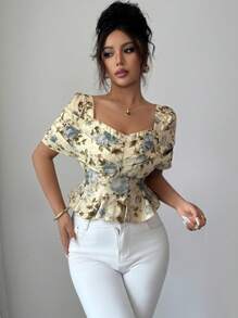 Elenzga Áo sơ mi cổ vuông in tiền cổ điển màu vàng kem thanh lịch, ngày lễ mùa xuân và mùa hè - Màu vàng - Xem 3