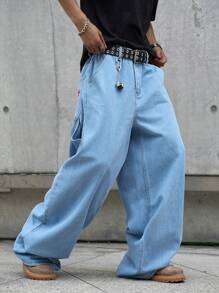 Manfinity EMRG 大码男士口袋宽松阔腿休闲牛仔背带裤 - 中等水洗藍 - 查看 6