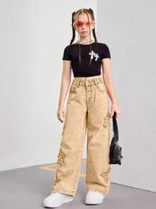 SHEIN Tween Girls Y2K 风格粉色刺绣星星阔腿牛仔裤，时尚街头休闲百搭时尚女孩四季必备单品 - 卡其色 - 查看 3