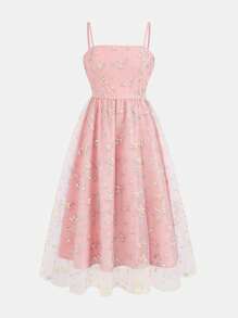 SHEIN Leap Crew Tween Girl Elegant Floral Embroidery Splicing Mesh Cami Midi Dress - Baby Pink - View 5