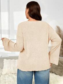 SHEIN Frenchy 大码仿珍珠纽扣深 V 领长袖针织外套 - 杏色 - 查看 2