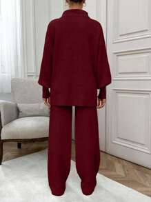 EURMUSE Rib Pattern Polo Neck Sweater And Pant 2pcs Set