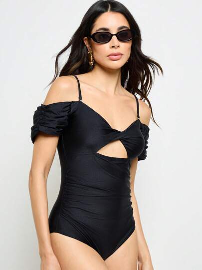 AiiRZ 露肩连体泳衣夏季沙滩泳衣，镂空细节和褶皱袖子，泳池派对度假装