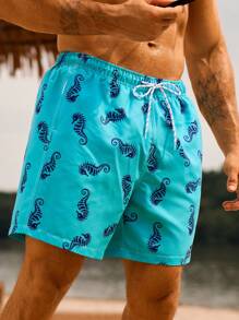 Manfinity VDAYZ Shorts casuales de playa para hombres con cintura con cordón y estampado de caballitos de mar todo sobre