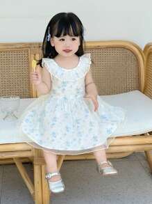 Dazy Kids Baby Mädchen V-Ausschnitt Kleid mit Blumen-Muster, Mesh-Patchwork, mittellange Länge, für Geburtstagsfeiern und formelle Anlässe