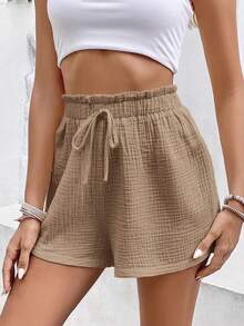 SHEIN Frenchy Women's Minimalist Solid Color Textured Tie-Waist Shorts, Summer Chic - Camel - View 4