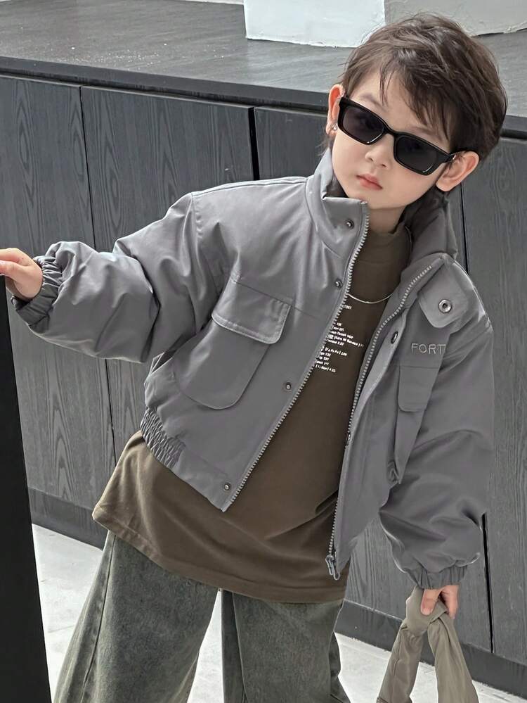Little Boys' Street-Style Solid Color Korean Short Padded Coat With Multiple Pockets, Winter