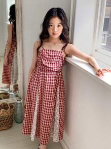 Dazy Kids Girl's Fashionable Plaid Cami Dress - Red and White - View 6