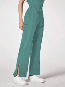 TaskEZ Solid Color Notched Neck Short Sleeve Top And Pocket Shorts Scrub Uniform Set - Green - View 4