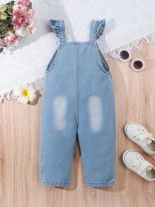 SHEIN Mono General Con Volantes Y Denim Para Bebé Niña - Lavado ligero - Ver 2