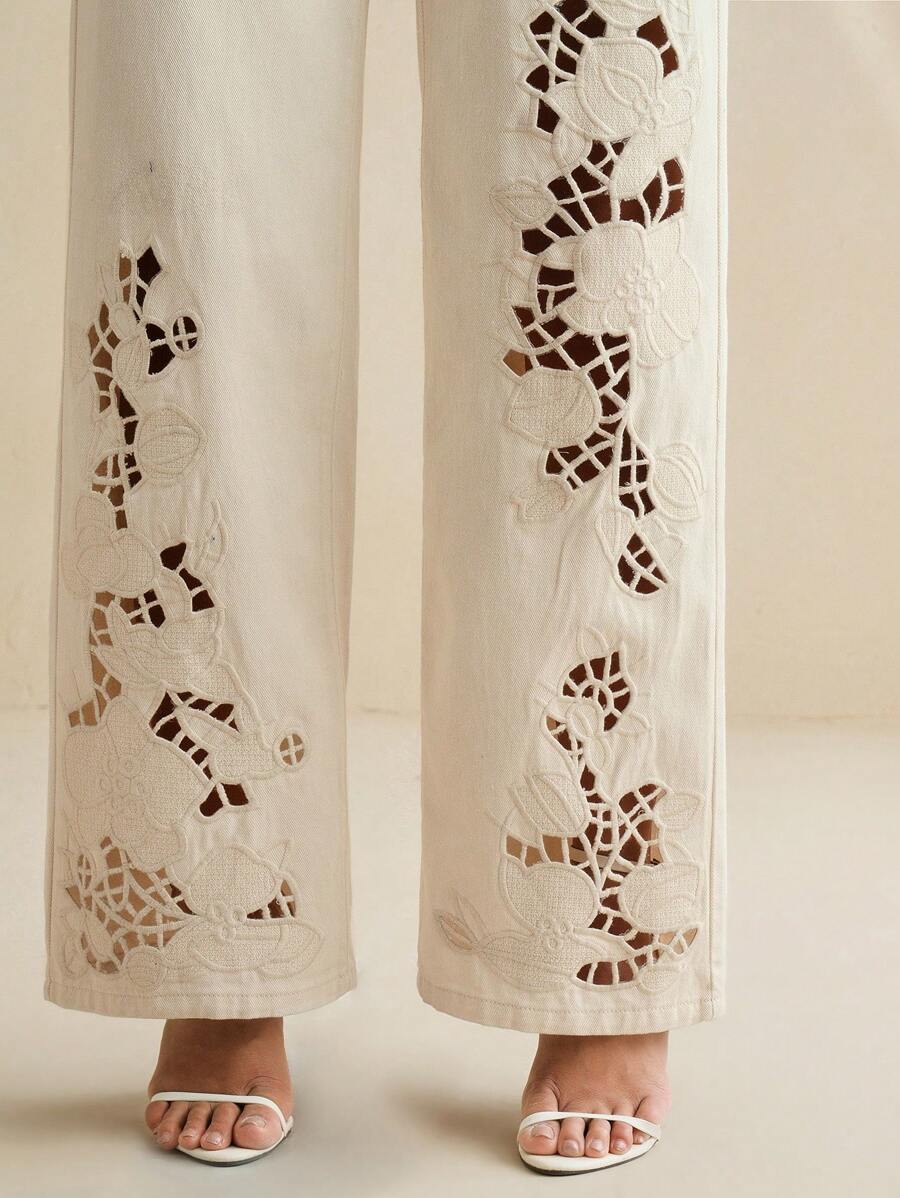Anewsta Petite Quần ống đứng màu trắng kiểu dáng nghỉ mát, gợi cảm, khoét lỗ, thêu họa tiết dành cho nữ. - Màu be - Xem 1
