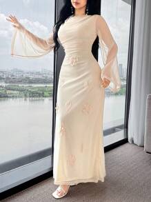 Feyla 女式圆领褶饰花卉贴花装饰优雅阿拉伯风格长袖连衣裙 - 杏色 - 查看 4