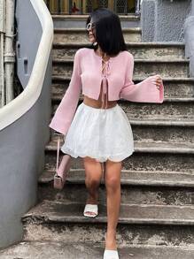 Jouncy Women's Casual Solid Color Tie Front Crop Cardigan With Flare Sleeves Fall Winter Cloth For Women - Pink - View 6