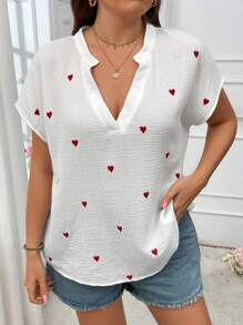Breezaya Plus Size Boho V-Neck Heart Embroidered Shirt, For Summer Work And Daily Wear