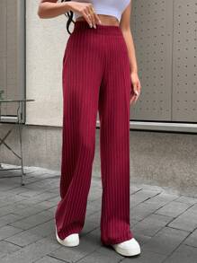 EURMUSE Business Collection, Pinstripe Trousers, Wide-Leg Design, High-Waisted Cut, Vertical Stripe Pattern, Premium Tailored Fabric, Classic Office Style, Elegant Professional Look, Full-Length Cut, Modern Business Wear, Sophisticated Work Attire Burgundy Wide Leg Pants Striped Wide Leg Pants Pinstripe Pants Womens Wide Leg Pants - Burgundy - View 5